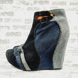 Restricted Blue & Black High Heel Patchwork Wedge Buckle Booties C623